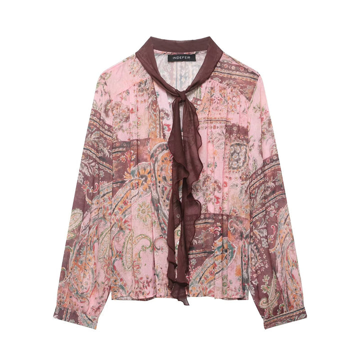 Damen Chiffonbluse im Paisley-Print mit Schleifenkragen und Rüschenfront Echoarchiv