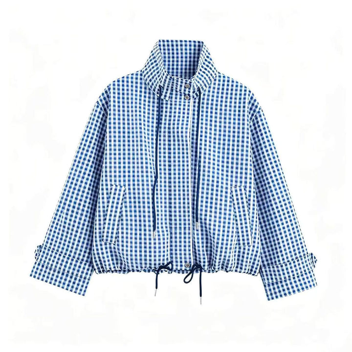 Damen Kurzjacke im Karo‑Look mit Tunnelzugsaum und hohem Stehkragen Echoarchiv
