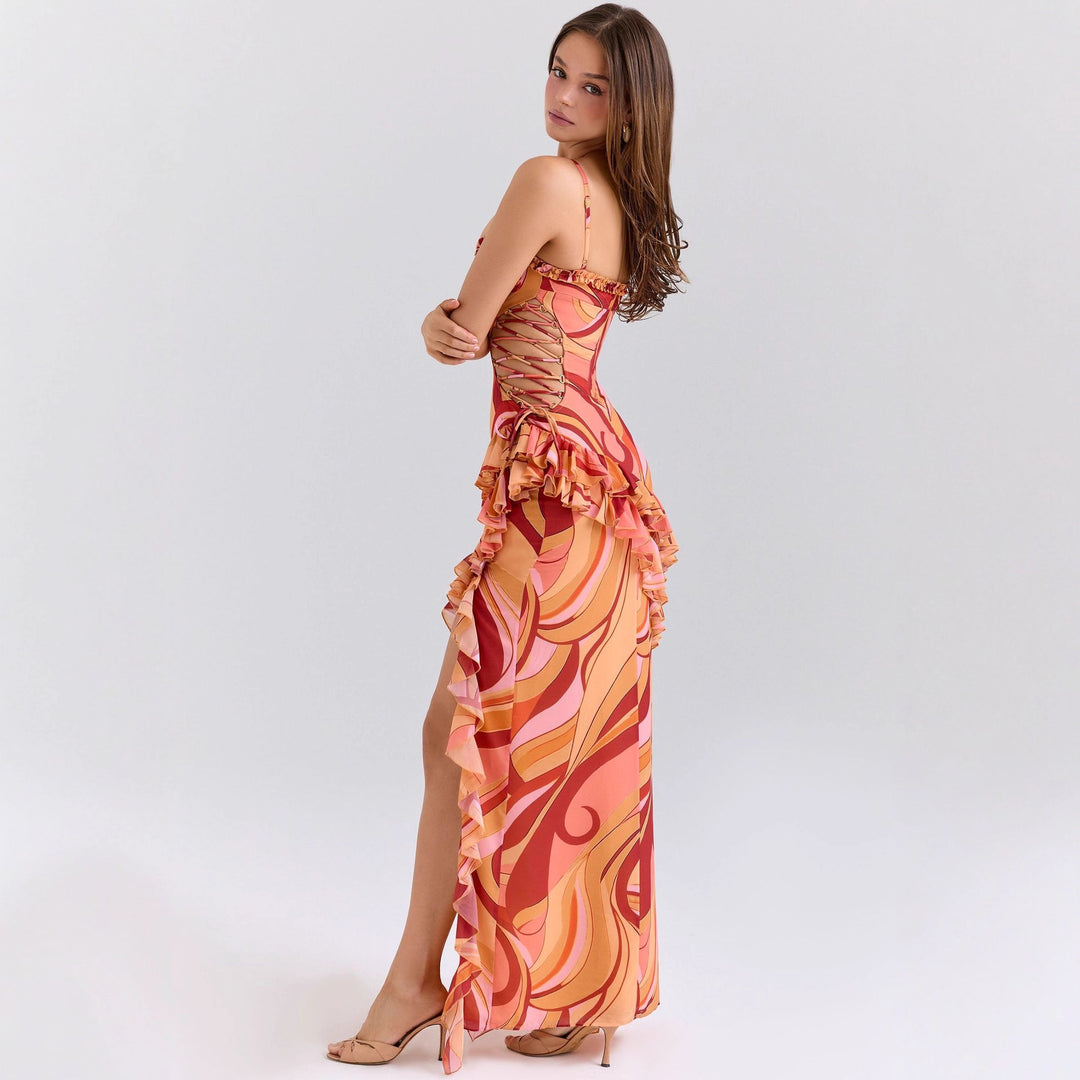Damen Maxi-Kleid mit Rüschendetails und fließendem Muster Echo Archiv
