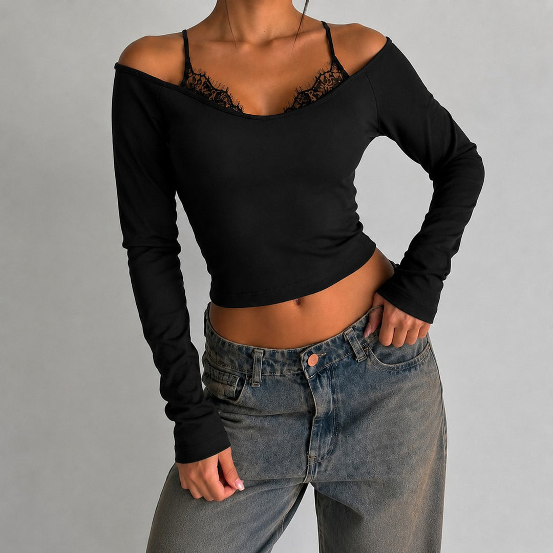 Damen Schulterfreies Langarm-Cami mit zarter Spitzen-Innenschicht und verstellbaren Spaghettiträgern – Avérine