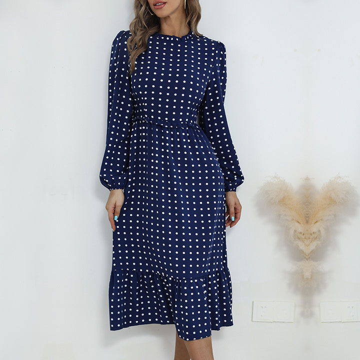 Damen Midikleid im Retro-Polka-Dot-Stil mit Stehkragen, taillierter Raffung und Volant Echoarchiv