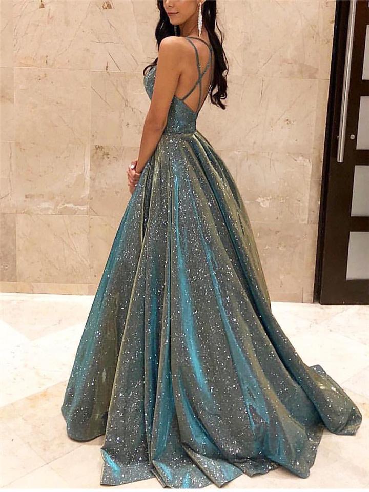 Echoarchiv | Damen Spaghettiträger V-Ausschnitt A-Linie Glitzer Maxikleid