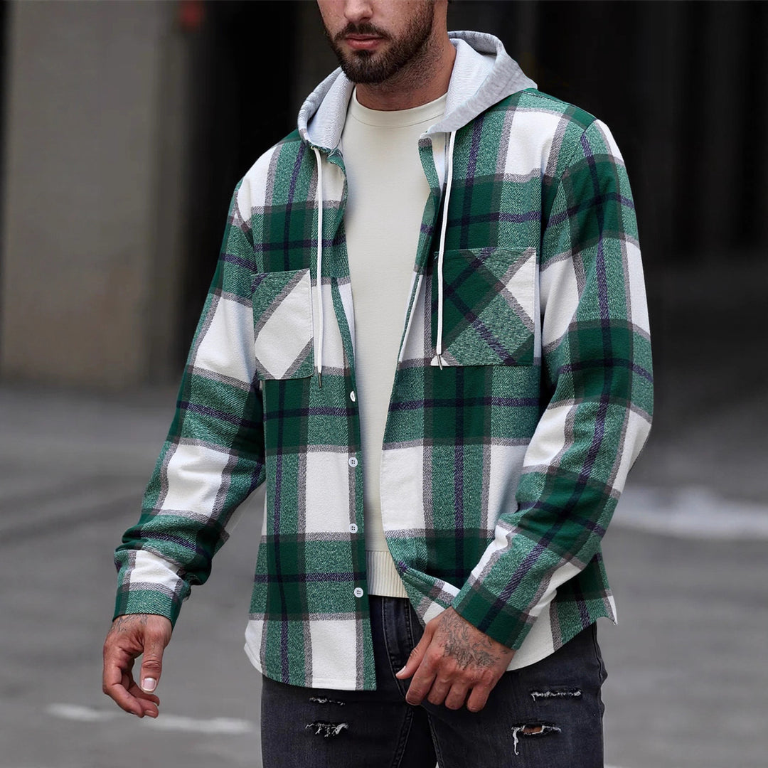 Herren Flanelljacke im lässigen Karomuster mit Kapuze und zwei Taschen Echoarchiv
