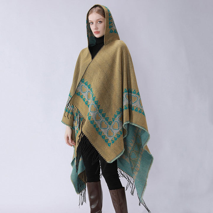 Damen Kapuzen-Capeponcho aus Wollmix mit Herz-Jacquard und Fransensaum – Célinea