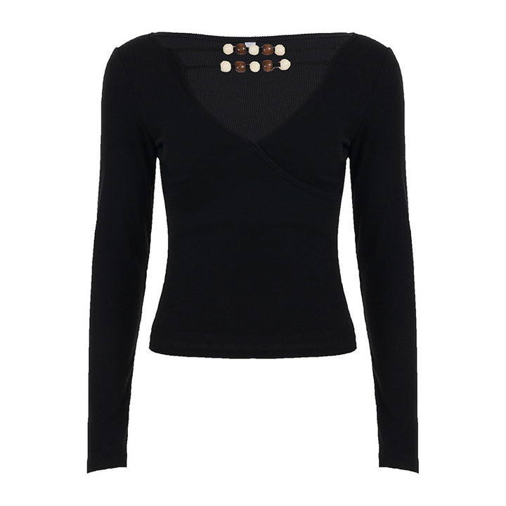 Damen Figurbetontes Langarmshirt mit tiefem V-Ausschnitt, Wickeloptik und dekorativen Perlen Echo Archiv