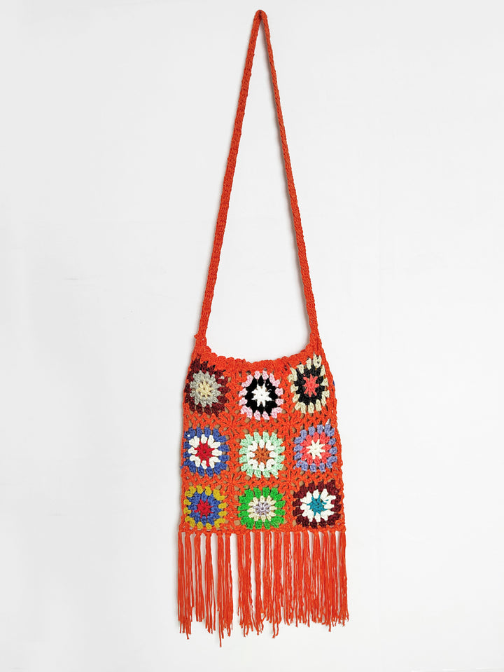 Damen gehäkelte Umhängetasche mit bunten Blumenmustern und Fransen Echo Archiv