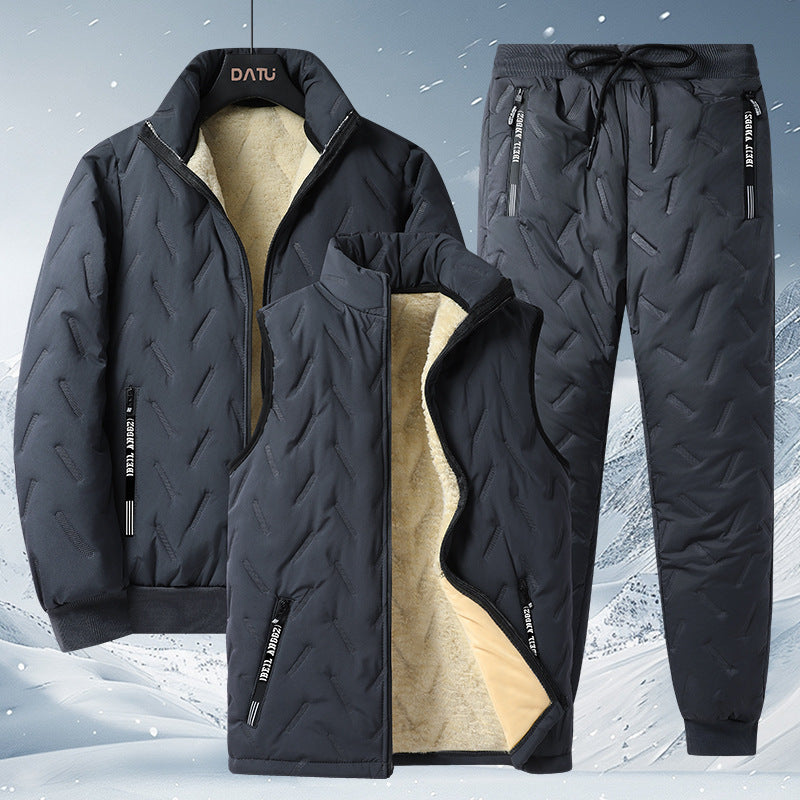 Herren dreiteiliges Thermo-Fleecegefüttertes Freizeit- und Outdoor-Set mit gesteppter Jacke Weste und Jogginghose Echoarchiv