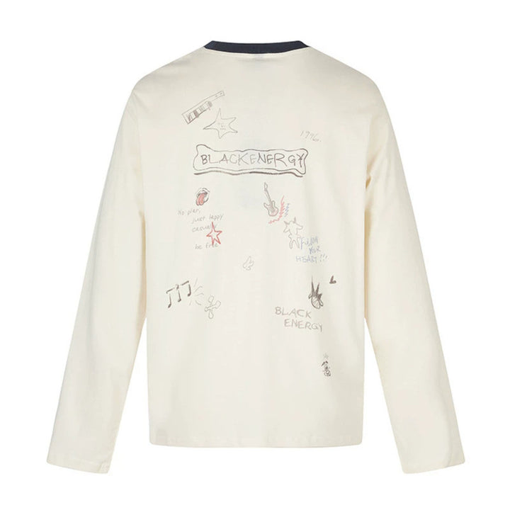 Damen Langarmshirt mit Comic-Gitarrenprint, Glitzerdetail und Kontrastkragen Echoarchiv