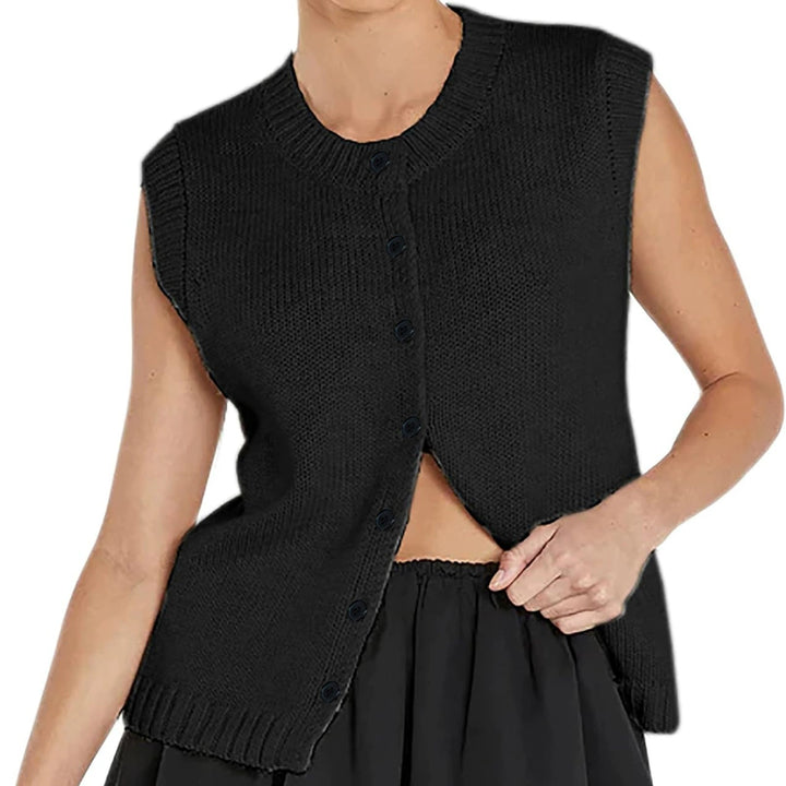 Damen gestrickte ärmellose Knopf-Weste mit Rippkragen – Veloura