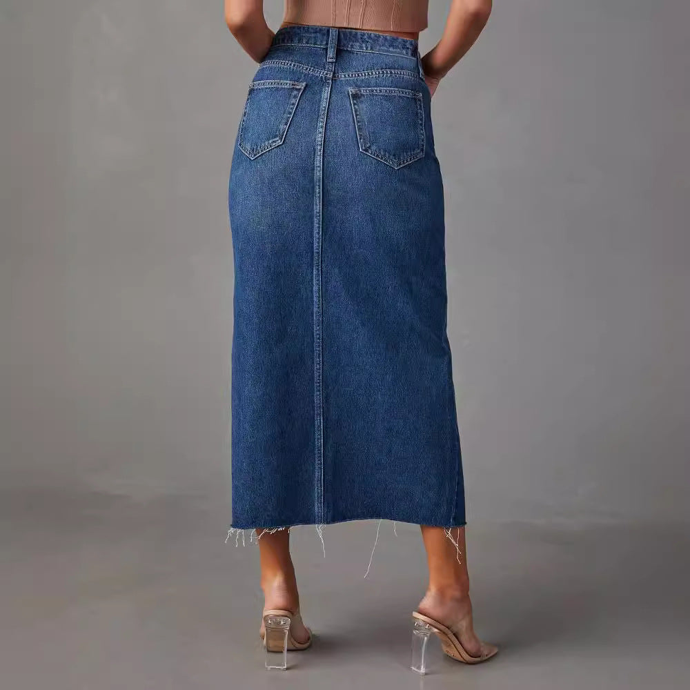 Damen nan hochgeschnittener Midi-Jeansrock mit mittigem Frontschlitz und rohem Saum Echo Archiv