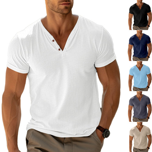 Herren nan tailliertes Henley-T-Shirt mit V-Ausschnitt kurzer Knopfleiste und krempelbaren Ärmeln Echo Archiv