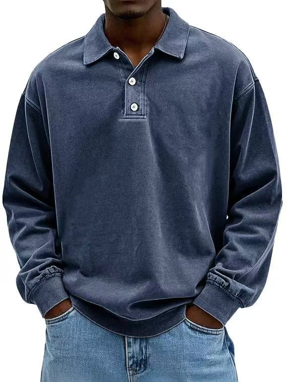 Herren nan lässiges Poloshirt-Sweatshirt mit Kragen, Vintage-Waschung und dreiteiliger Knopfleiste Echo Archiv