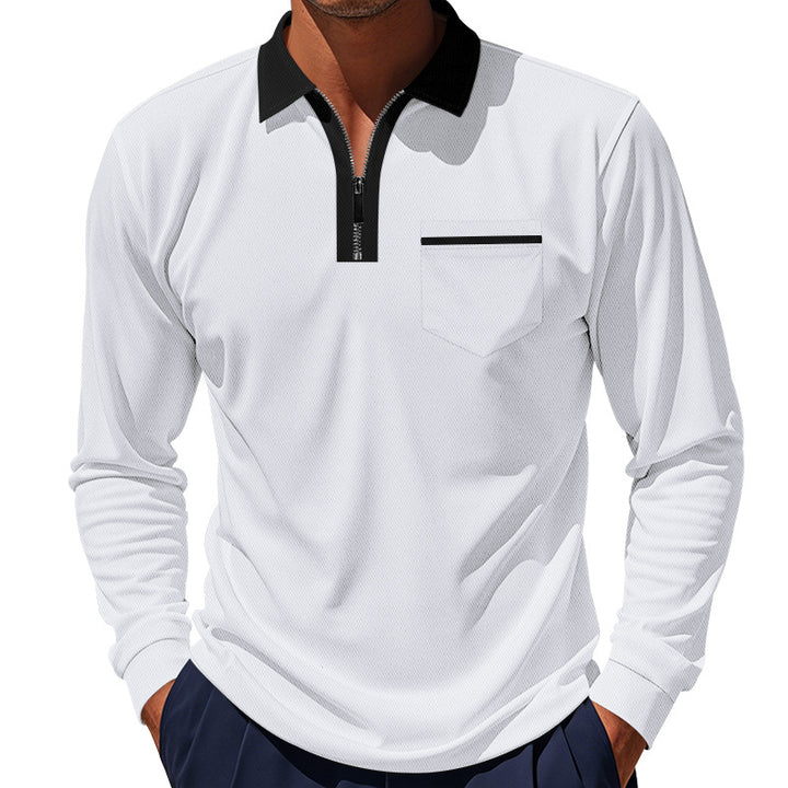 Herren nan langärmeliges Zip-Poloshirt mit Brusttasche und Kontrastkragen Echo Archiv