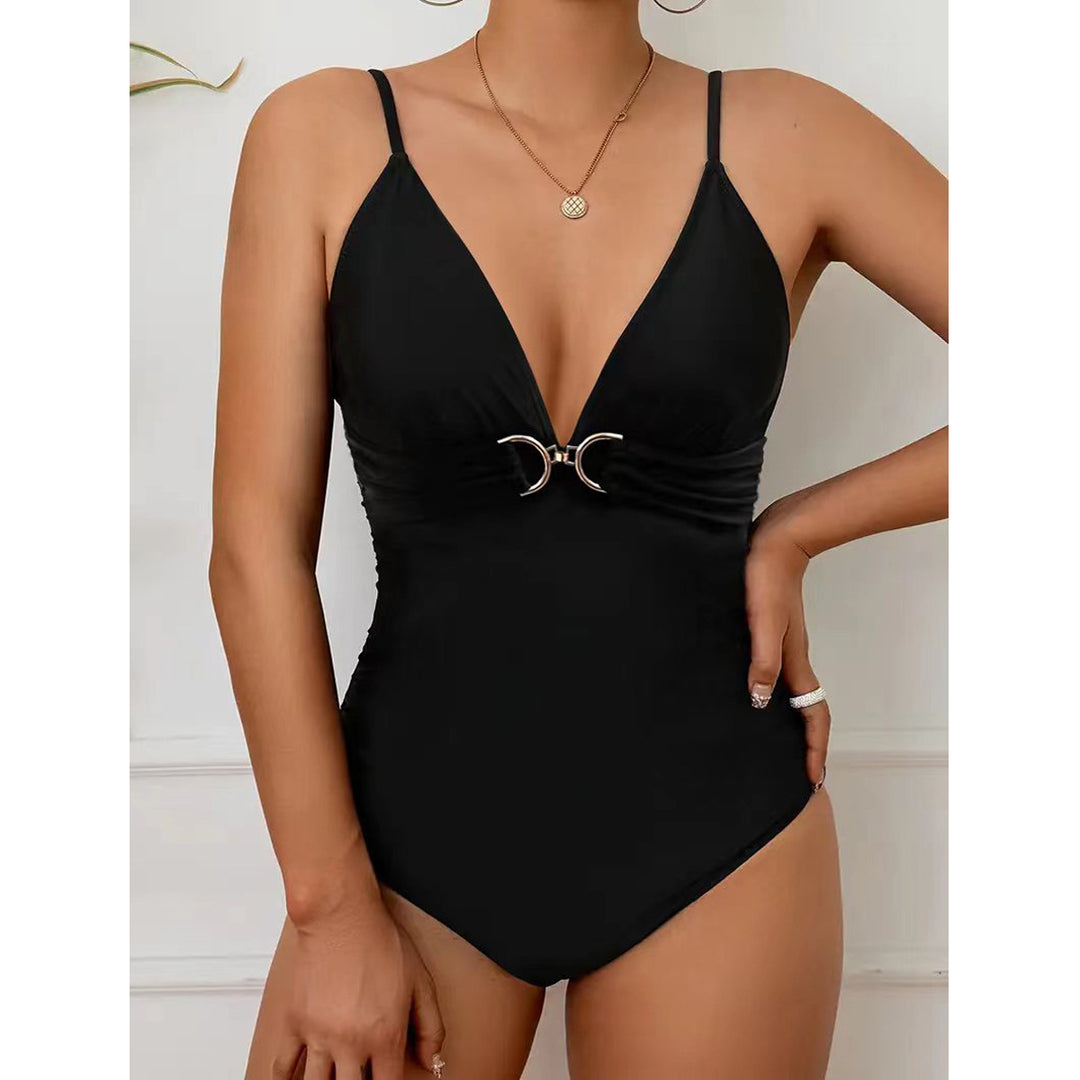 Damen Eleganter Einteiler Badeanzug mit V-Ausschnitt und Zierdetails Echo Archiv