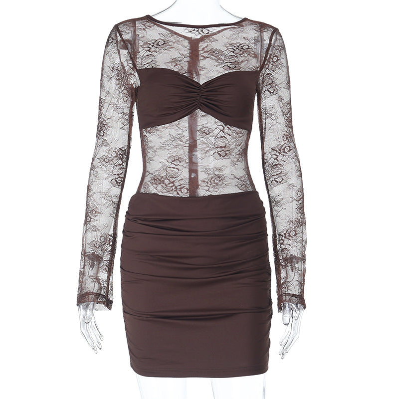 Damen Spitzenkleid mit gerafftem Rock und tiefem V-Ausschnitt Echo Archiv