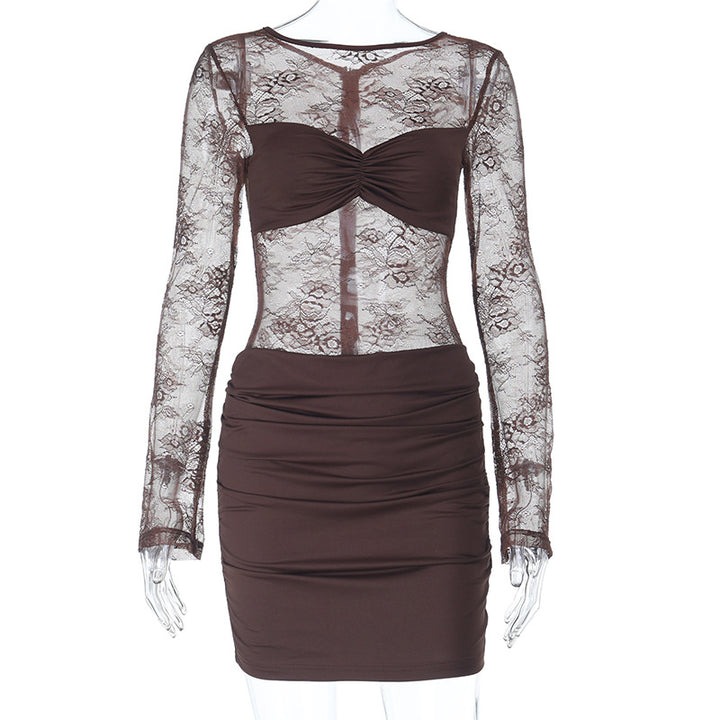 Damen Spitzenkleid mit gerafftem Rock und tiefem V-Ausschnitt Echo Archiv