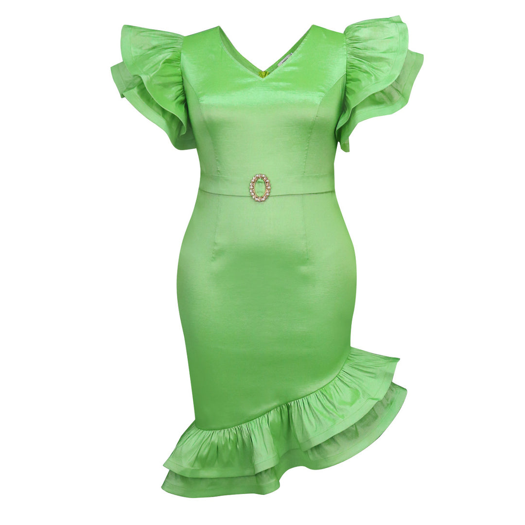 Damen elegantes Kleid mit voluminösen Rüschensäumen und tailliertem Gürtel Echo Archiv