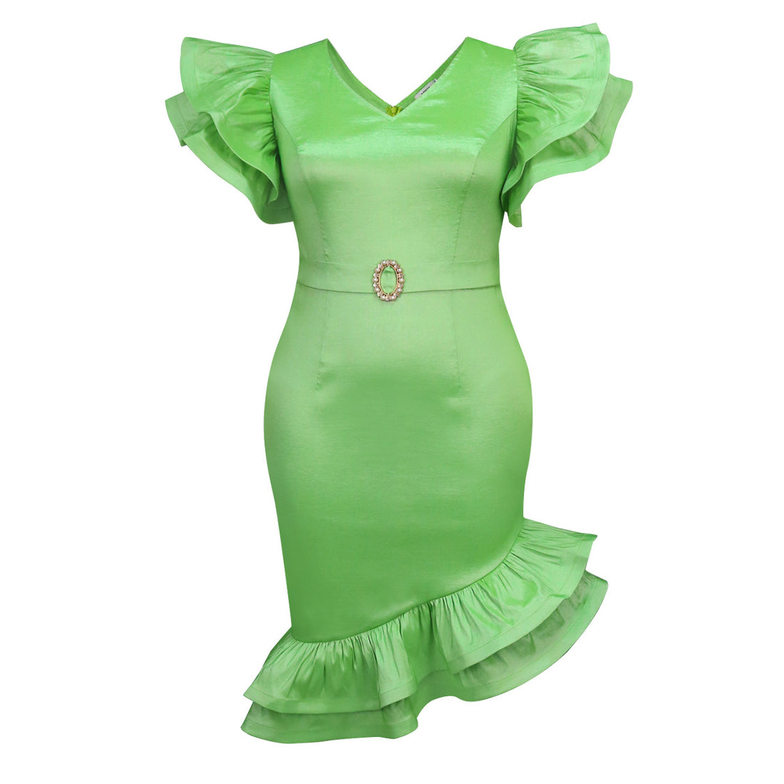 Damen elegantes Kleid mit voluminösen Rüschensäumen und tailliertem Gürtel – Élara