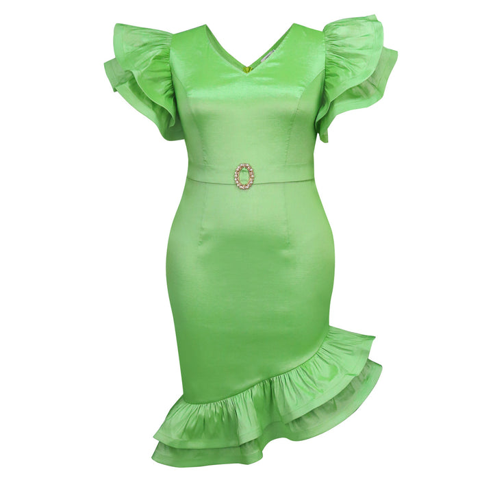 Damen elegantes Kleid mit voluminösen Rüschensäumen und tailliertem Gürtel Echo Archiv