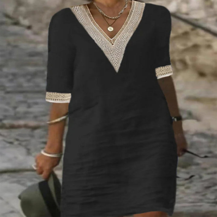 Damen Leichtes Leinen-Midikleid mit V-Ausschnitt und Häkelspitzenbesatz – Élara