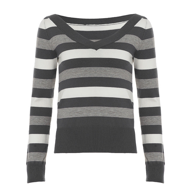 Damen Taillierter Feinstrick-Pullover mit breiten Blockstreifen und V-Ausschnitt Echo Archiv