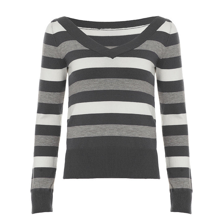Damen Taillierter Feinstrick-Pullover mit breiten Blockstreifen und V-Ausschnitt Echo Archiv