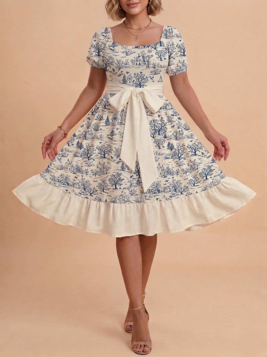 Damen Retro Maxikleid mit Puffärmeln und Taillengürtel Echo Archiv