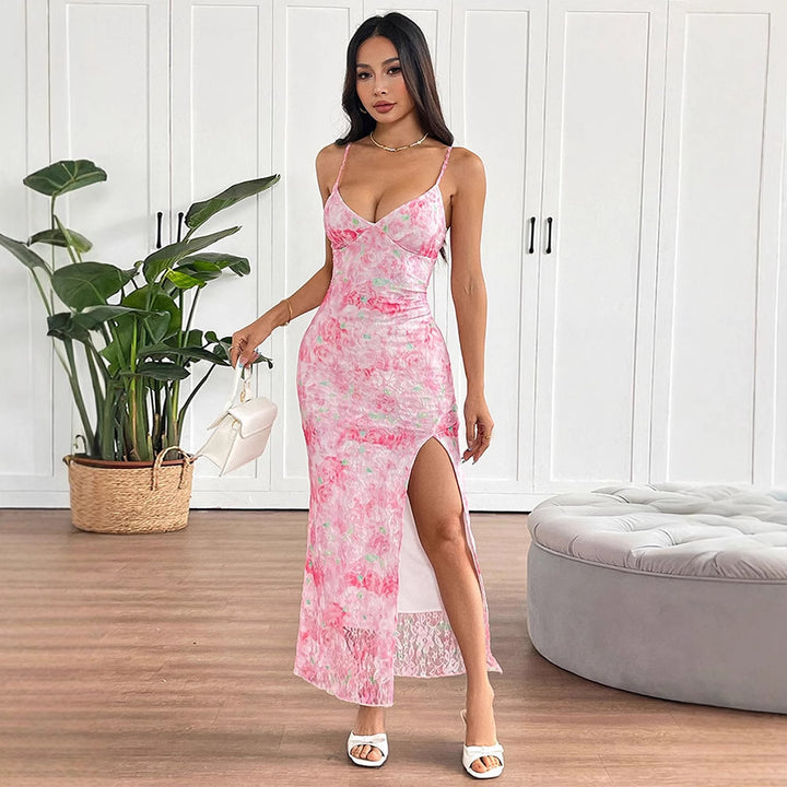 Damen elegantes Maxikleid mit floralem Muster und seitlichem Schlitz Echo Archiv