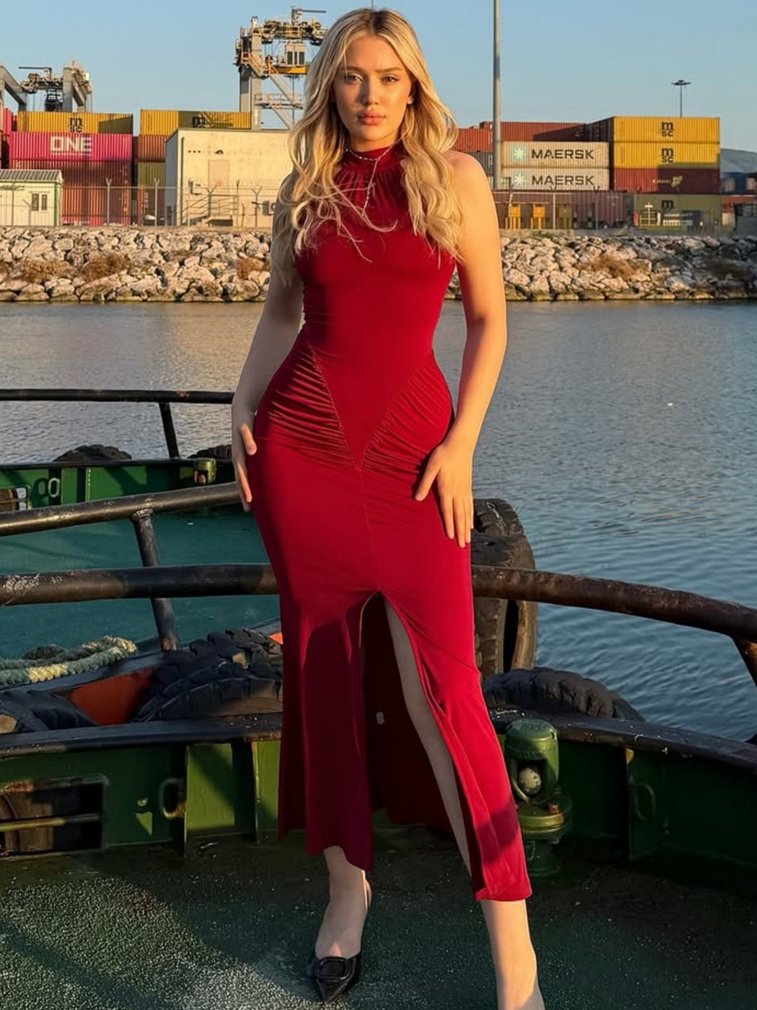 Damen Elegantes Wickelkleid mit hohem Schlitz und detailverliebt gerafftem Design Echo Archiv