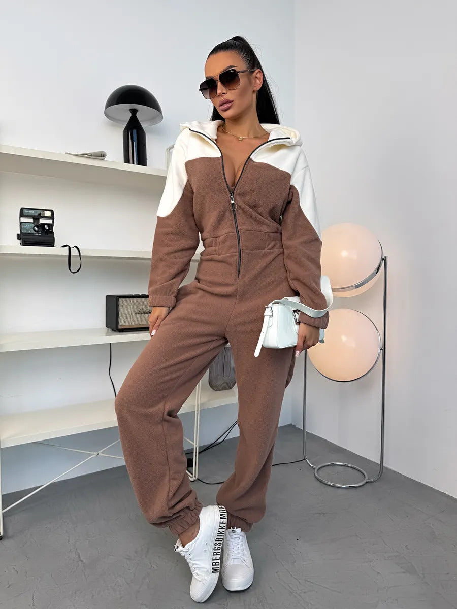Damen gemütlicher Fleece-Overall mit Kapuze, durchgehendem Reißverschluss und elastischen Bündchen – Élanora