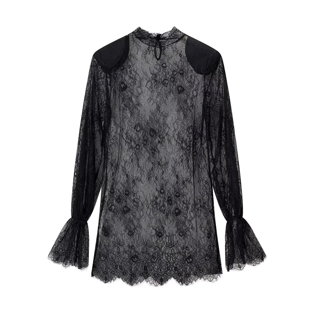 Damen nan transparente Spitzenbluse mit Stehkragen, Bindeschlüssel und Glockenärmeln Echo Archiv