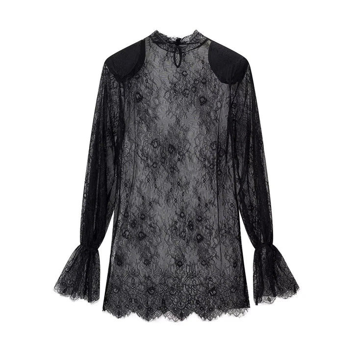 Damen nan transparente Spitzenbluse mit Stehkragen, Bindeschlüssel und Glockenärmeln Echo Archiv
