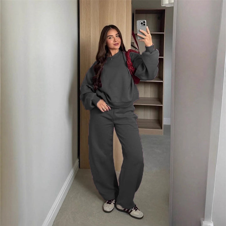 Damen Cropped-Sweatshirt mit hohem Rundhalsausschnitt und elastischer Tunnelzug Wide-Leg Jogginghose Set – Avérine