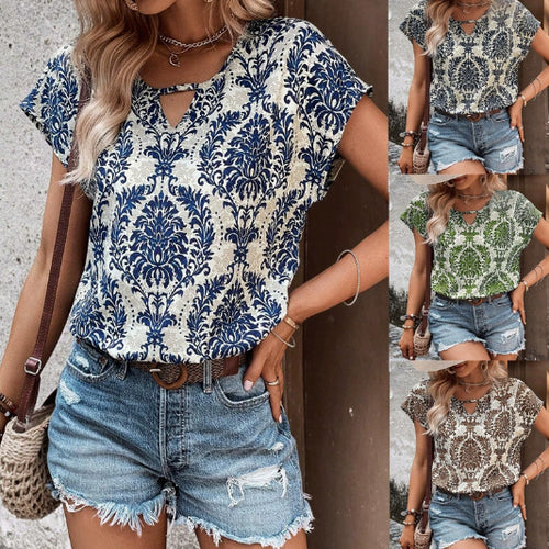 Damen Lässiges Kurzarm-Viscose-Top mit Keyhole-Ausschnitt und Barockmuster Echo Archiv