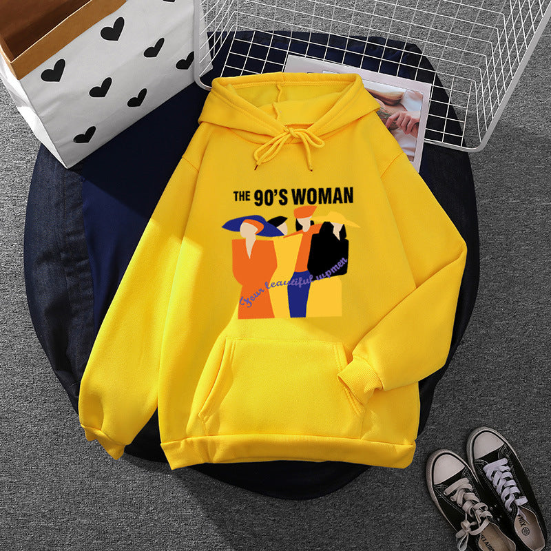 Damen weit geschnittener Kapuzenpullover mit Neunzigerjahre-Illustrationsprint, angerautem Fleece und Kängurutasche – Auréline