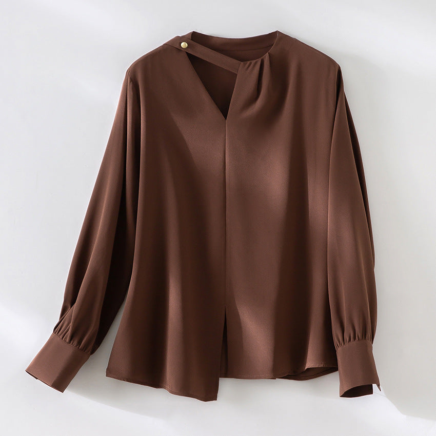 Damen elegante oversized Bluse mit asymmetrischem V-Ausschnitt und Manschetten Echoarchiv