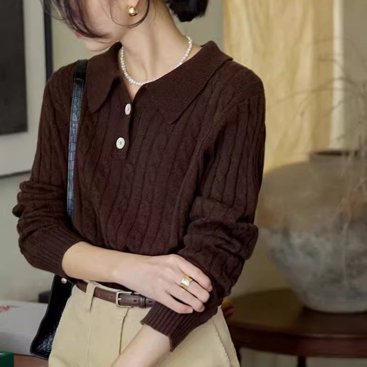 Damen Polokragen‑Zopfstrickpullover mit halber Knopfleiste Echoarchiv
