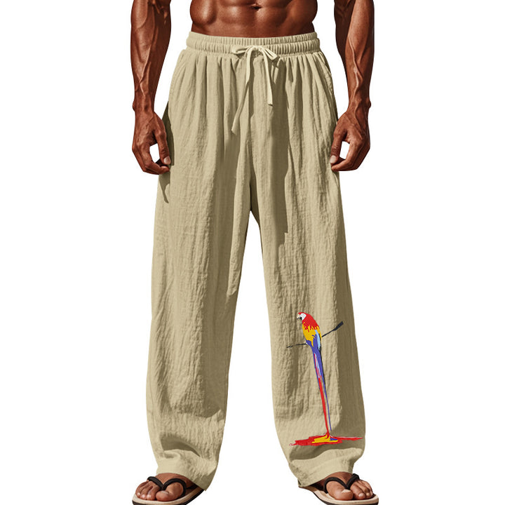 Herren nan lässige Leinen-Loungehose mit elastischem Komfortbund, Kordelzug, weitem Bein und dekorativer Papageien-Stickerei Echo Archiv