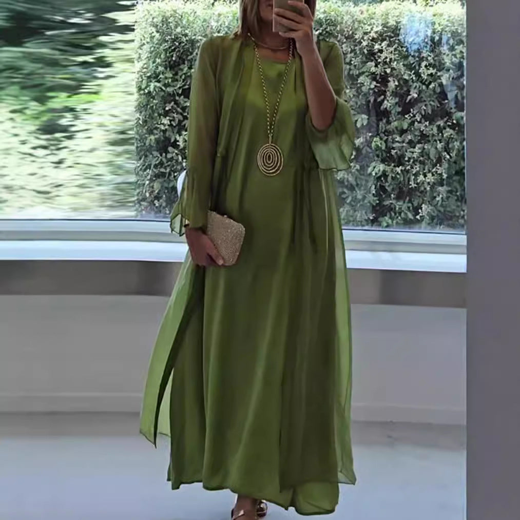 Damen nan doppellagiges Abendmaxikleid mit transparentem Überwurf, geschmeidigem Innenkleid, Taillenbändern und Trompetenärmeln Echo Archiv