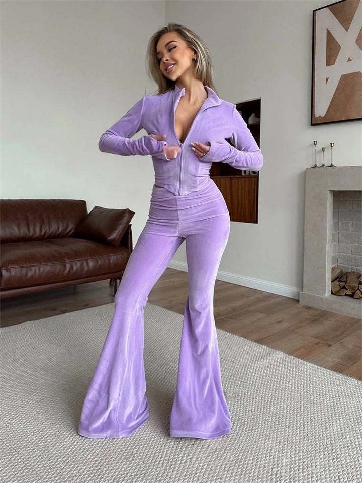 Damen nan taillierter Velours-Overall mit Halbzip, Kapuze und ausgestelltem Schlag Echo Archiv