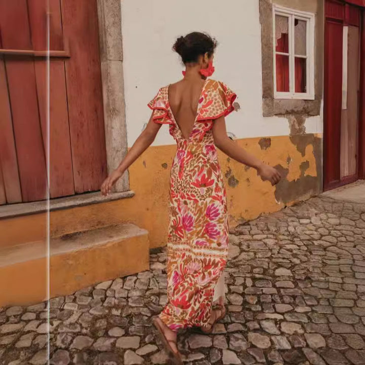Damen Maxikleid mit farbenfrohem floralem Muster und Volantärmel Echo Archiv
