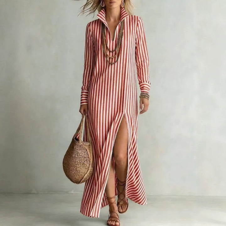 Damen Langes Hemdkleid im Streifen-Look mit Kragen, langen Ärmeln und hohem Beinschlitz Echoarchiv
