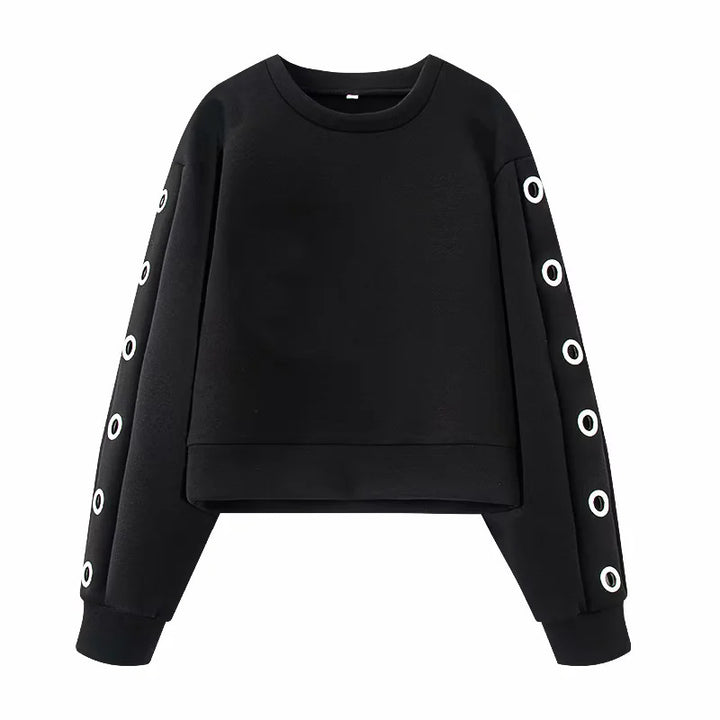 Damen kurzes Oversize Sweatshirt mit dekorativen Metallösen an den Ärmeln – Mavelle