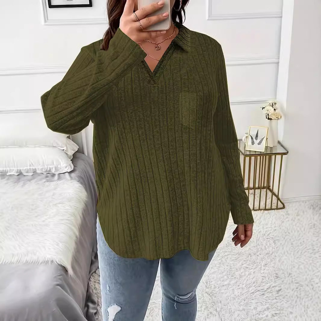 Damen Gerippter V-Ausschnitt Pullover mit Hemdkragen und lockerer Tunika-Silhouette Echoarchiv