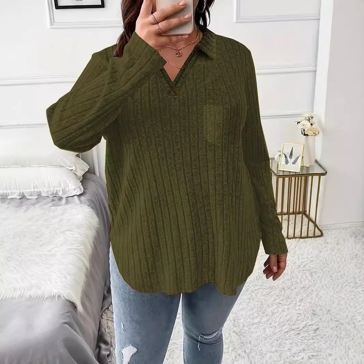 Damen Gerippter V-Ausschnitt Pullover mit Hemdkragen und lockerer Tunika-Silhouette Echoarchiv