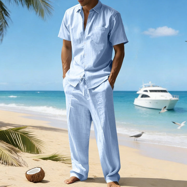 Herren nan resort-taugliches Kurzarm-Hemd mit Brusttasche und lässiger Leinen-Kordelhose Echo Archiv