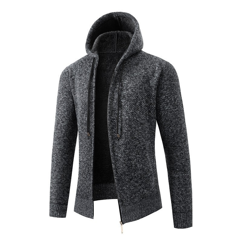 Herren nan melierte Strickzip-Kapuzenjacke mit wärmendem Teddyfutter, verdecktem Zwei-Wege-Reißverschluss und elastischen Bündchen Echo Archiv