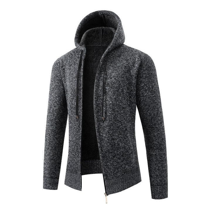 Herren nan melierte Strickzip-Kapuzenjacke mit wärmendem Teddyfutter, verdecktem Zwei-Wege-Reißverschluss und elastischen Bündchen Echo Archiv