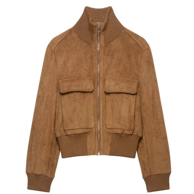 Damen Kurzer Veloursleder‑Bomber mit Stehkragen, aufgesetzten Klappentaschen und Rippenbündchen Echo Archiv