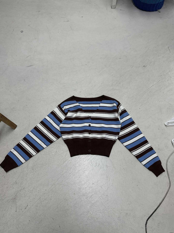 Damen Kurzgeschnittene gestreifte Strickjacke mit V-Ausschnitt und tailliertem Rippbund Echo Archiv